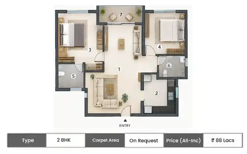 Embassy Golf City 2 BHK floor plan,  sq ft carpet area