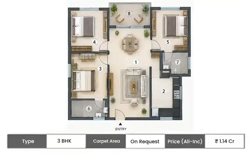 Embassy Golf City 3 BHK floor plan,  sq ft carpet area